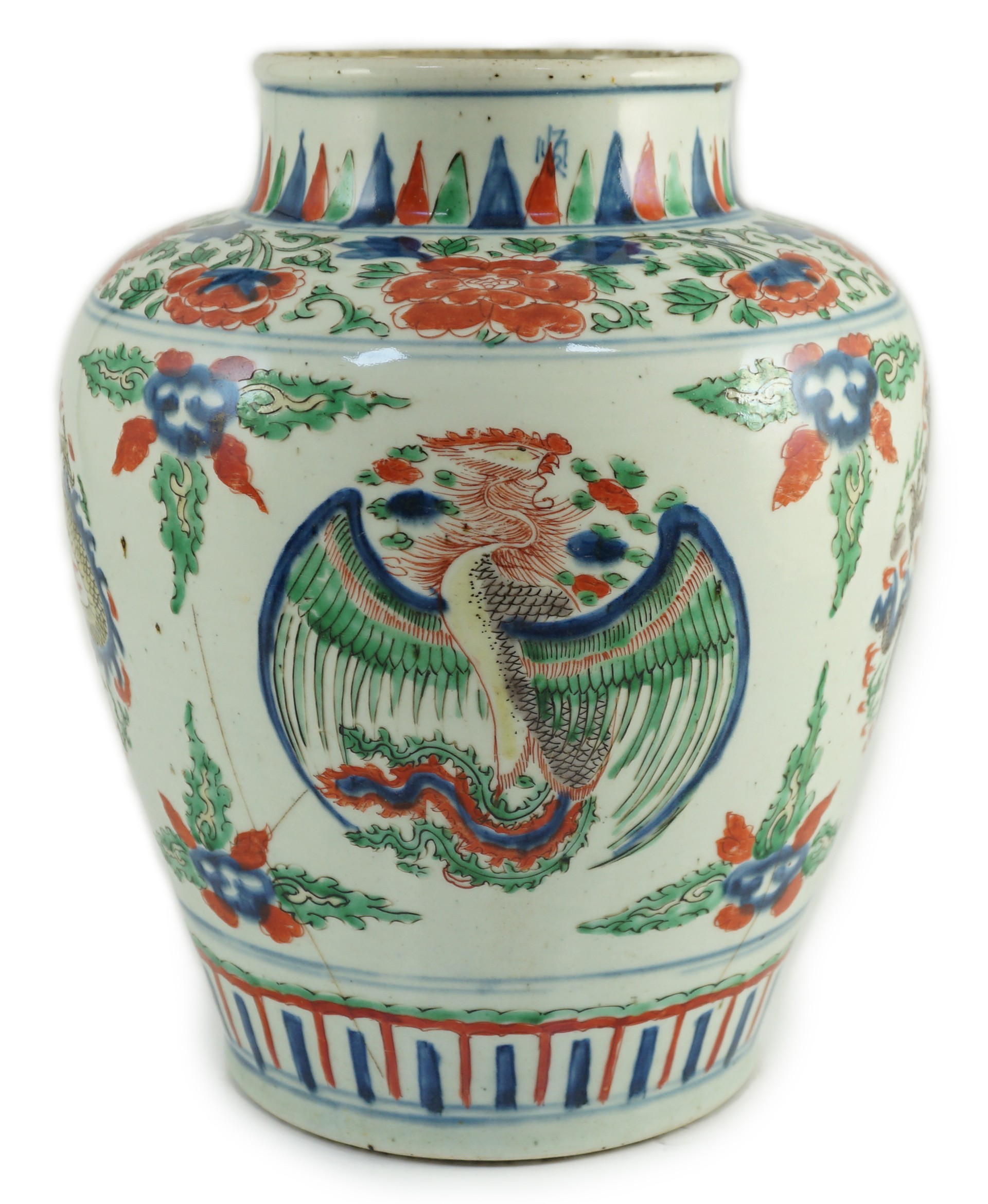 A Chinese Transitional wucai ‘dragon and phoenix roundel’ vase, 17th century, 30cm high, cracks